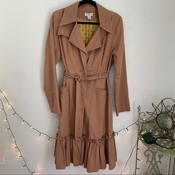 Anthropologie Jackets & Blazers - Anthropologie Tan Cotton Lined Ruffle Trench Coat